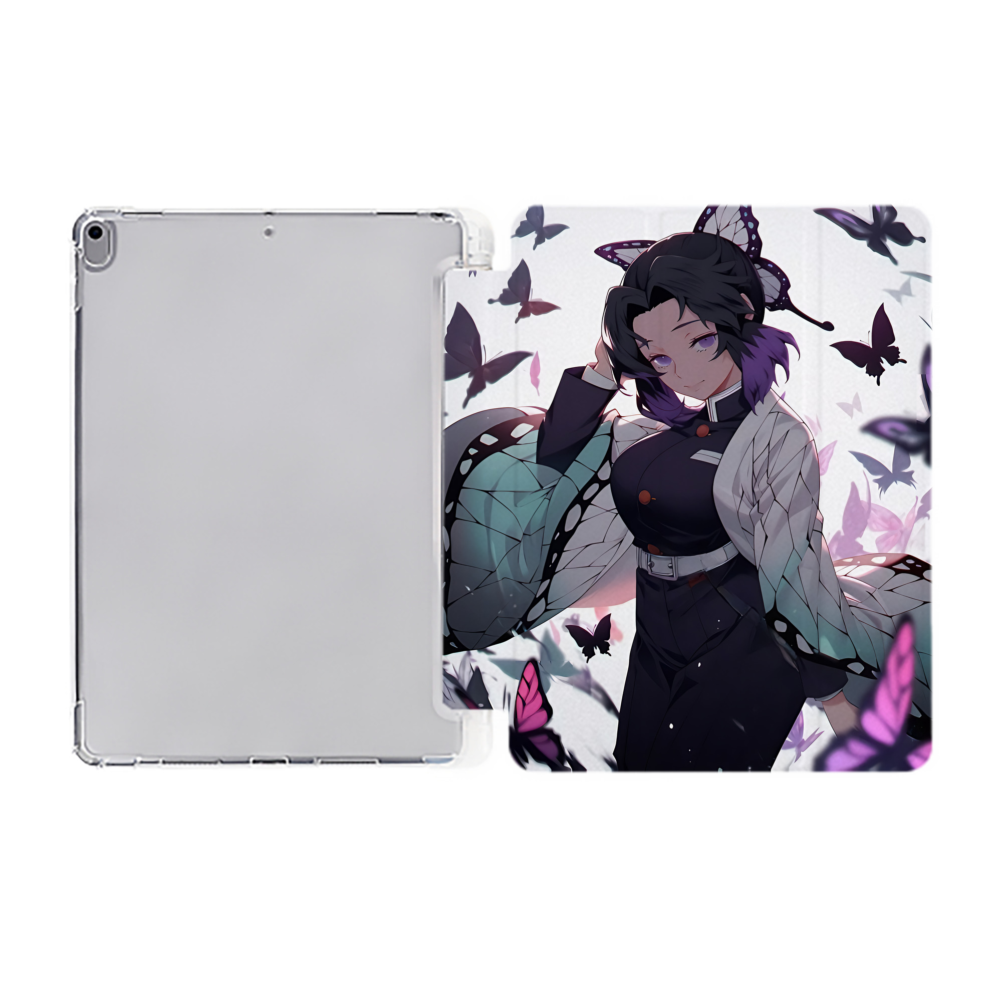（画像用） 鬼滅の刃（きめつのやいば）蟲柱-胡蝶 しのぶ／こちょう しのぶ Kochou Shinobu IPad ケース ペン収納付き 三つ折りスタンド PUレザー×シリコン 対応機種9.5/10.5/10.9インチ